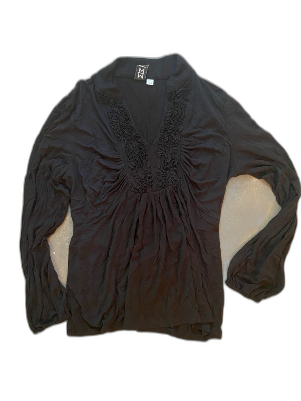 Marc Bouwer Black Long Sleeve V-Neck Ruffle-Trim Top sz L